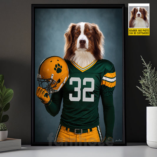 Funny Personalized Football Dog Canvas Painting, My Quarterback Has Four Paws Wall Art Decor, Poster Gift For Dog Lover, Football Lover