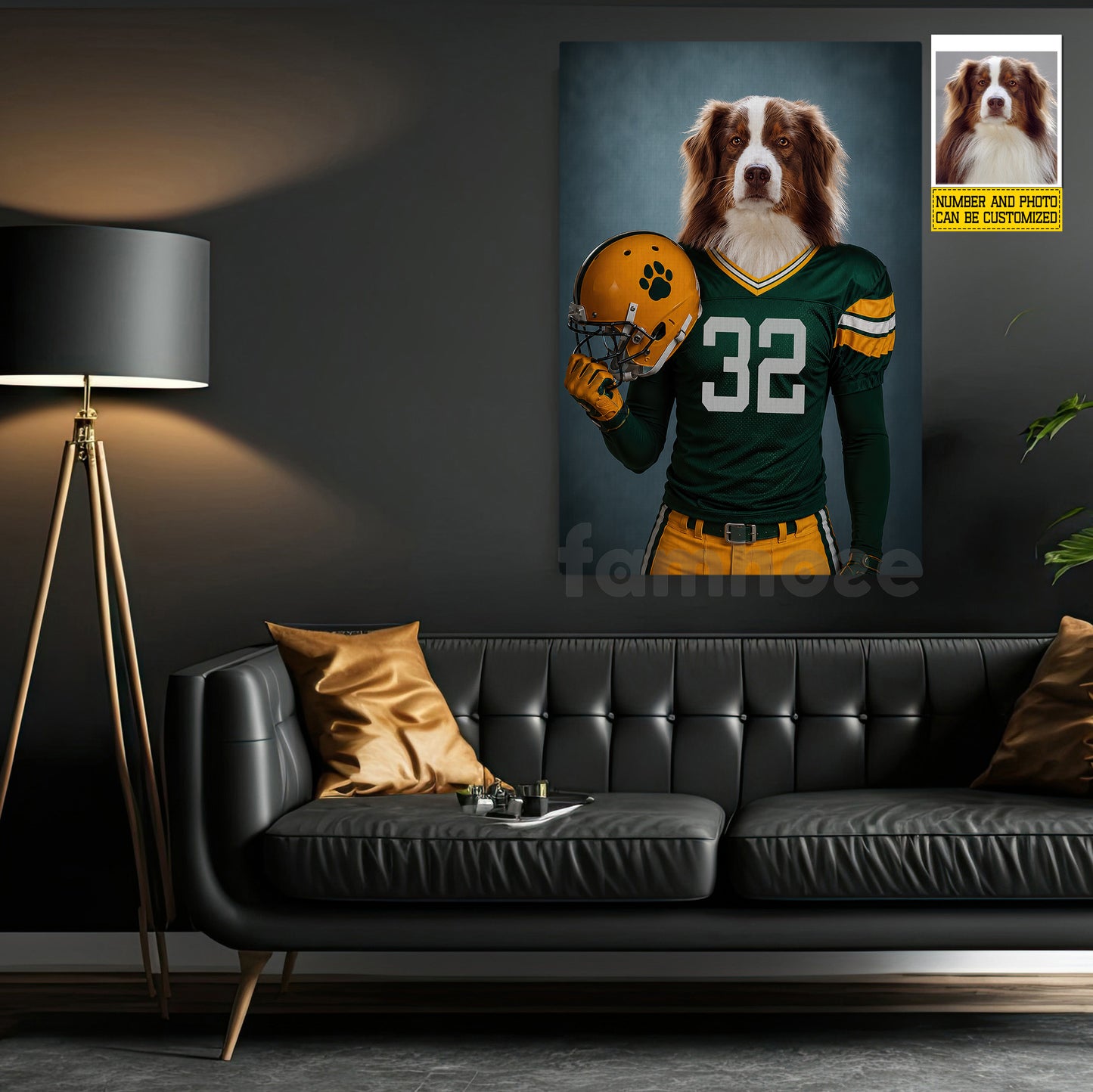 Funny Personalized Football Dog Canvas Painting, My Quarterback Has Four Paws Wall Art Decor, Poster Gift For Dog Lover, Football Lover