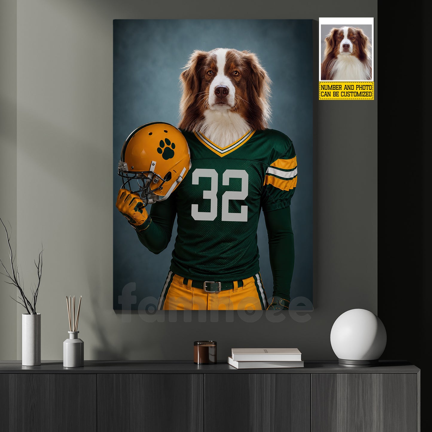 Funny Personalized Football Dog Canvas Painting, My Quarterback Has Four Paws Wall Art Decor, Poster Gift For Dog Lover, Football Lover