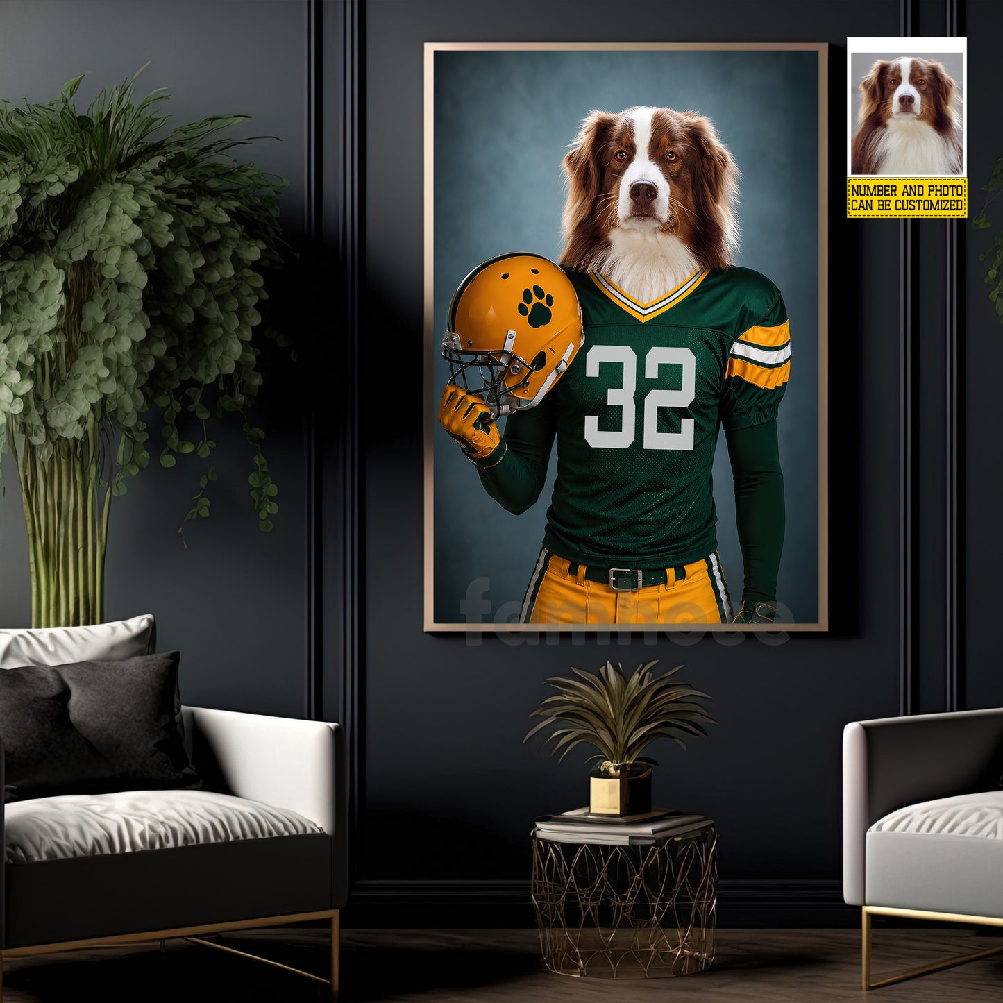 Funny Personalized Football Dog Canvas Painting, My Quarterback Has Four Paws Wall Art Decor, Poster Gift For Dog Lover, Football Lover