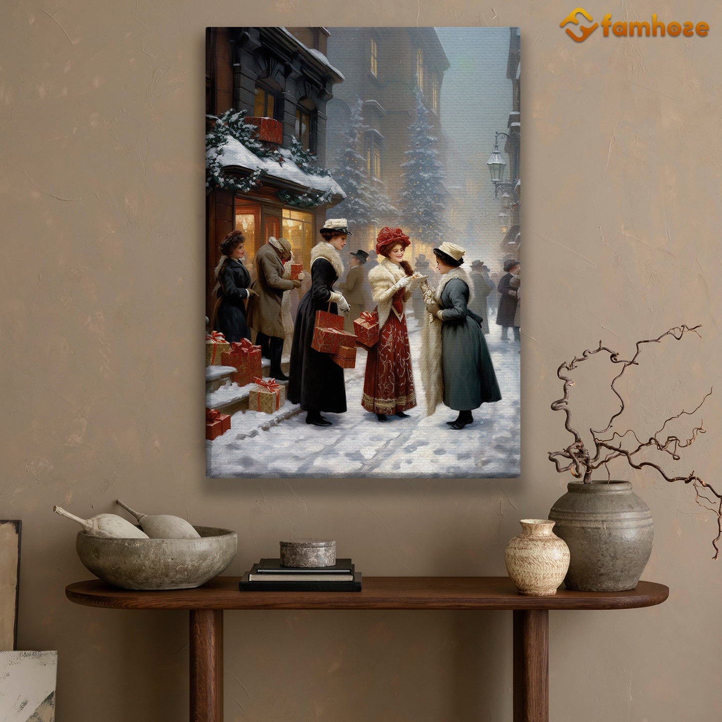 Victorian Christmas A Festive Street Gathering With Holiday Gifts Christmas Canvas Painting, Xmas Wall Art Decor - Christmas Poster Gift