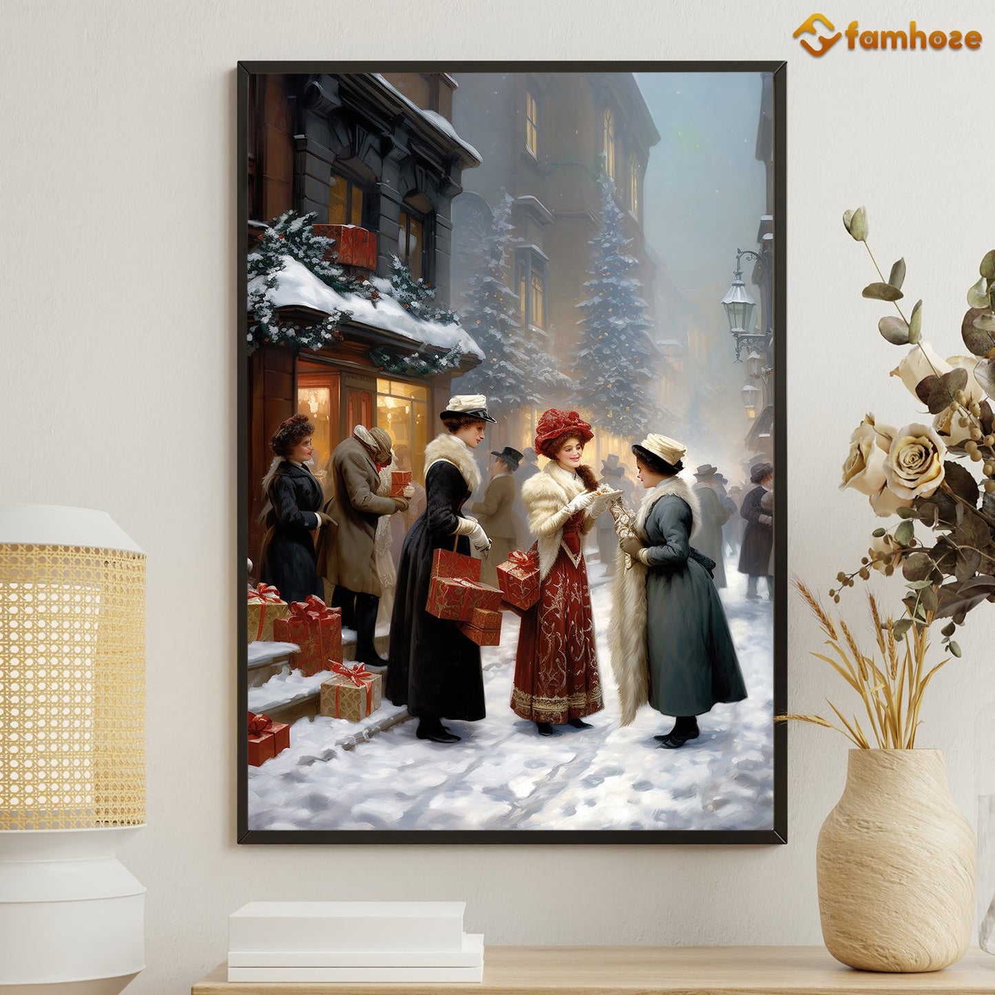 Victorian Christmas A Festive Street Gathering With Holiday Gifts Christmas Canvas Painting, Xmas Wall Art Decor - Christmas Poster Gift