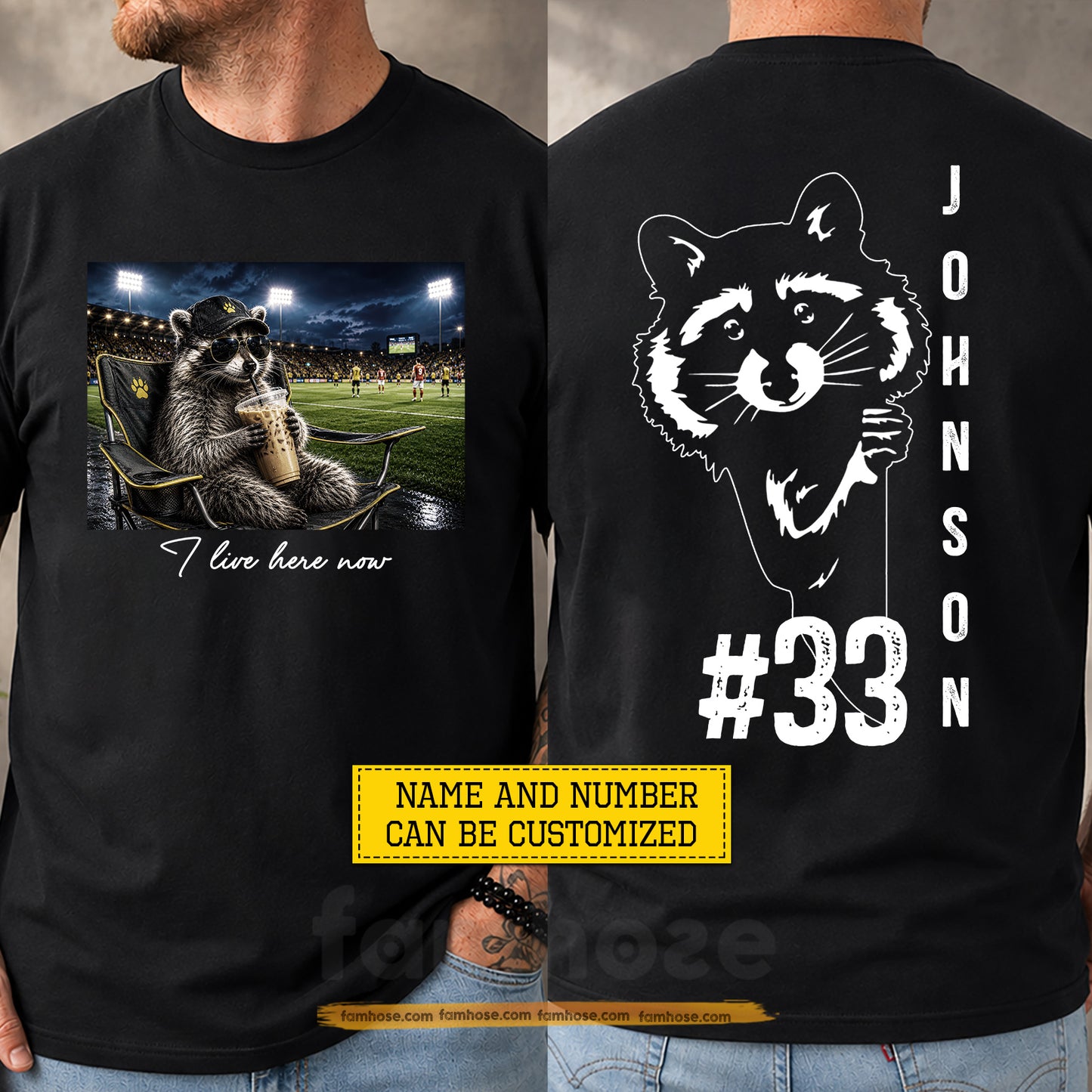 Funny Personalized Soccer & Raccoon Two-sided T-shirt, I Live Here Now Sport Tees Gift For Soccer Lover