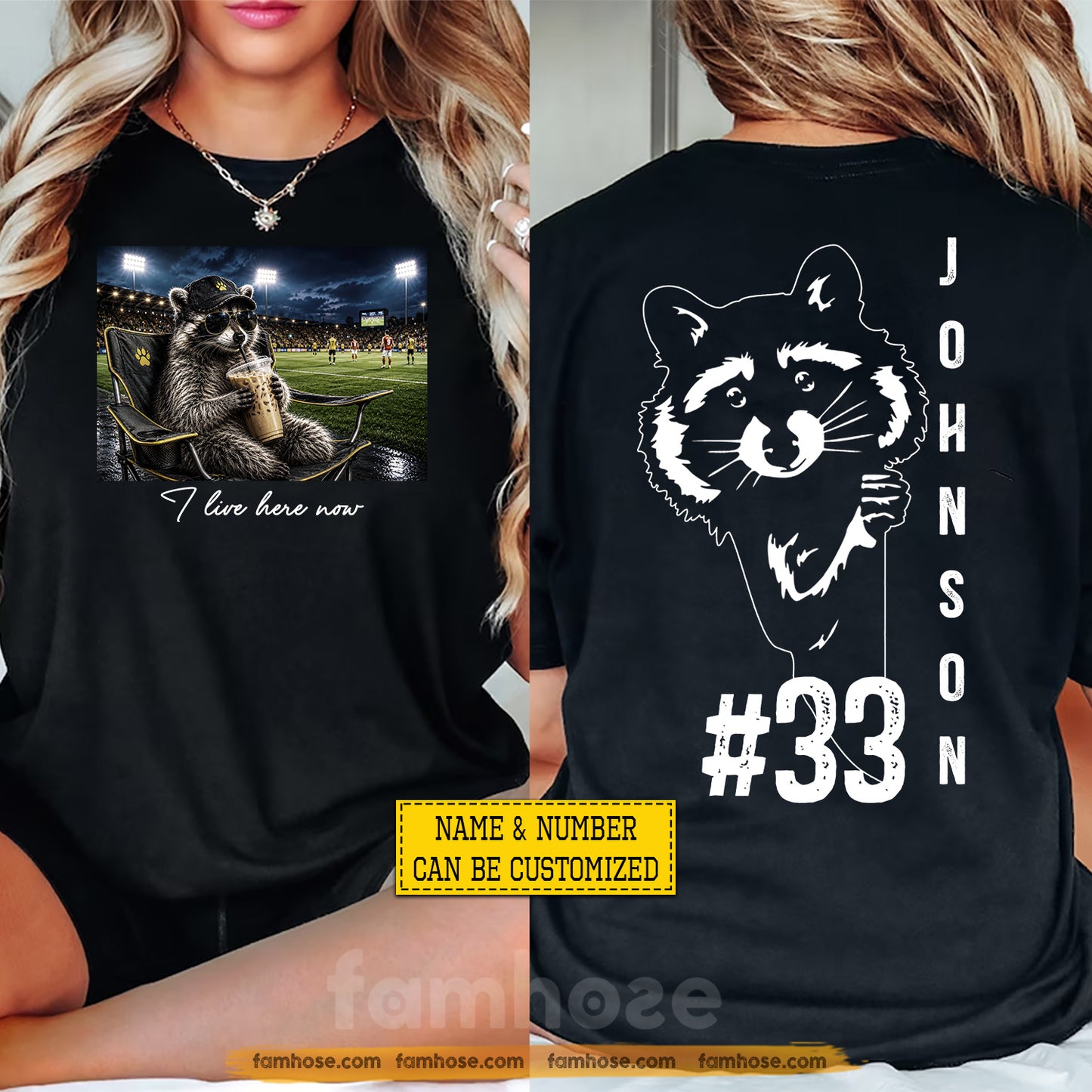 Funny Personalized Soccer & Raccoon Two-sided T-shirt, I Live Here Now Sport Tees Gift For Soccer Lover
