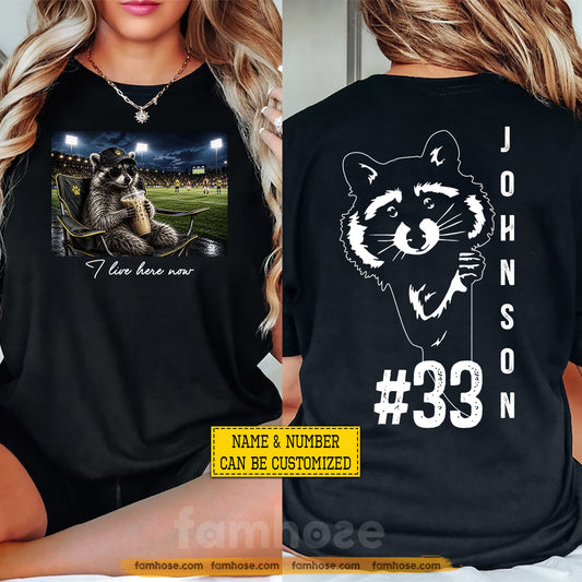 Funny Personalized Soccer & Raccoon Two-sided T-shirt, I Live Here Now Sport Tees Gift For Soccer Lover