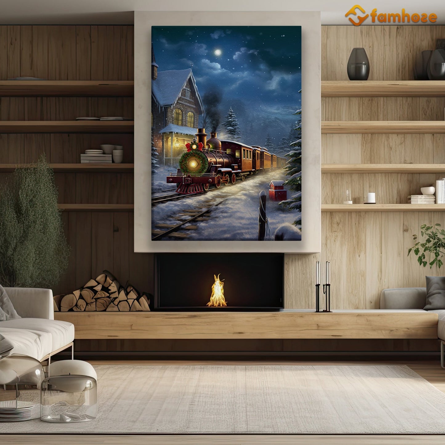 Enchanted Winter Express A Nighttime Journey Through a Snowy Village Christmas Canvas Painting, Xmas Wall Art Decor - Christmas Poster Gift For Train Lovers