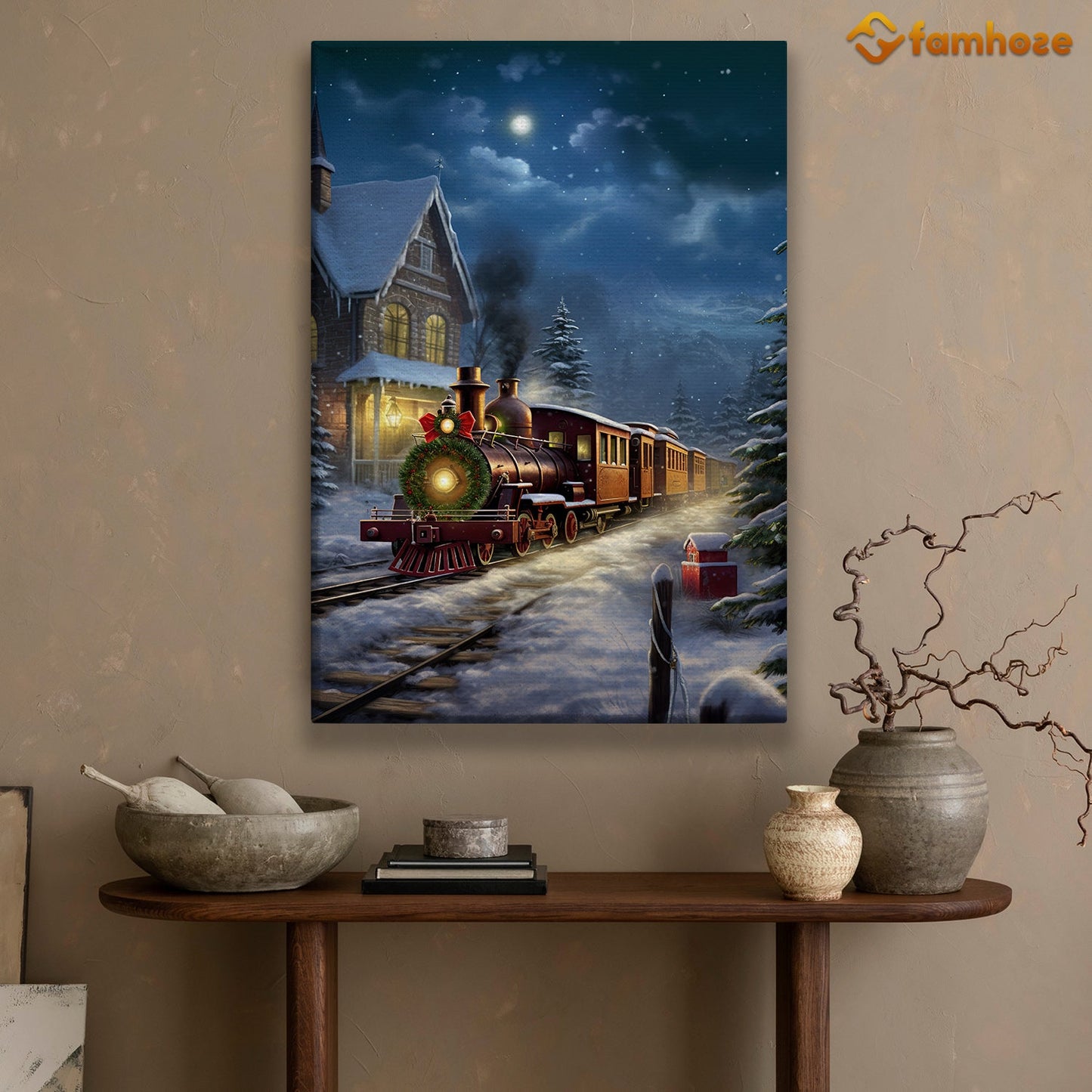 Enchanted Winter Express A Nighttime Journey Through a Snowy Village Christmas Canvas Painting, Xmas Wall Art Decor - Christmas Poster Gift For Train Lovers