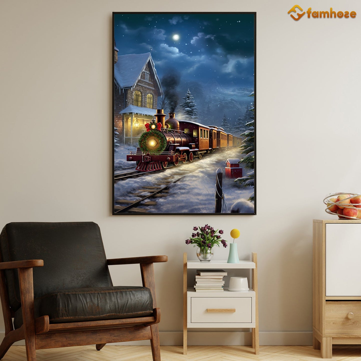 Enchanted Winter Express A Nighttime Journey Through a Snowy Village Christmas Canvas Painting, Xmas Wall Art Decor - Christmas Poster Gift For Train Lovers