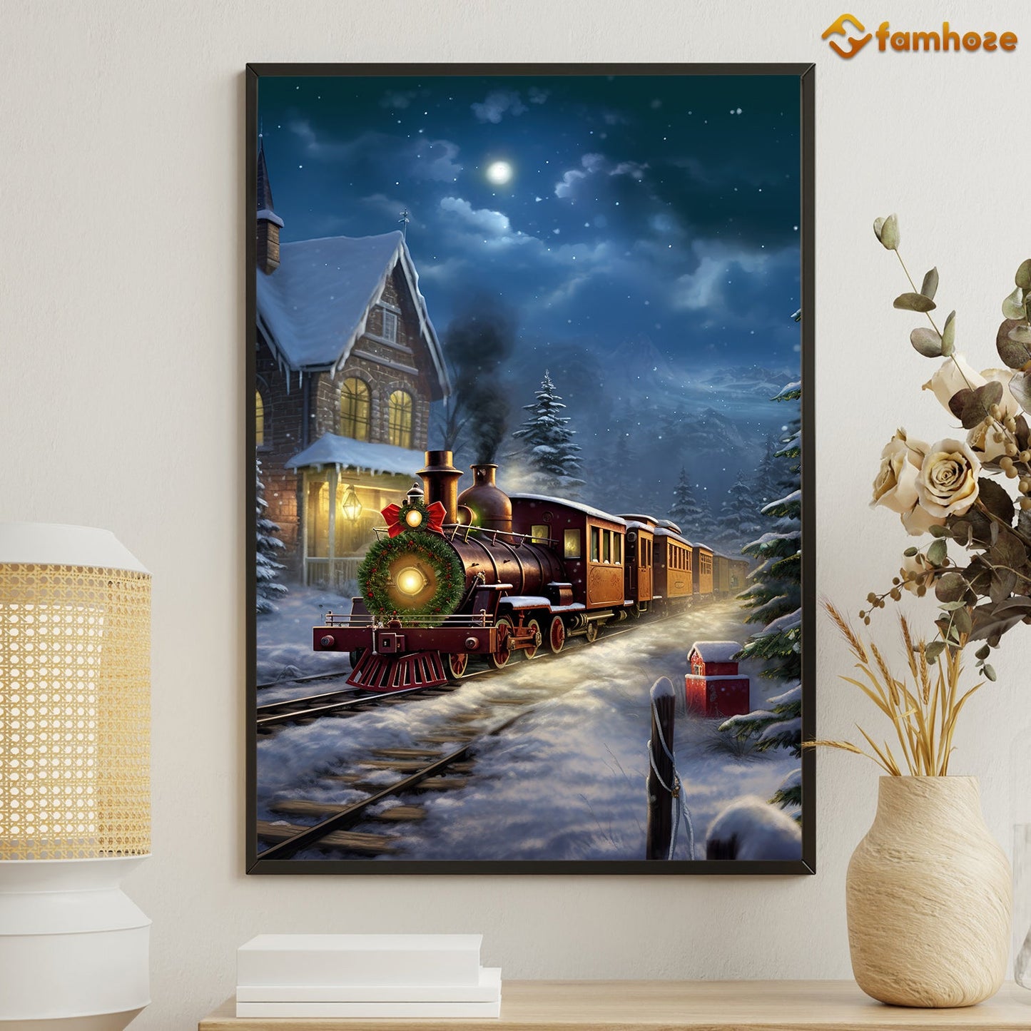 Enchanted Winter Express A Nighttime Journey Through a Snowy Village Christmas Canvas Painting, Xmas Wall Art Decor - Christmas Poster Gift For Train Lovers