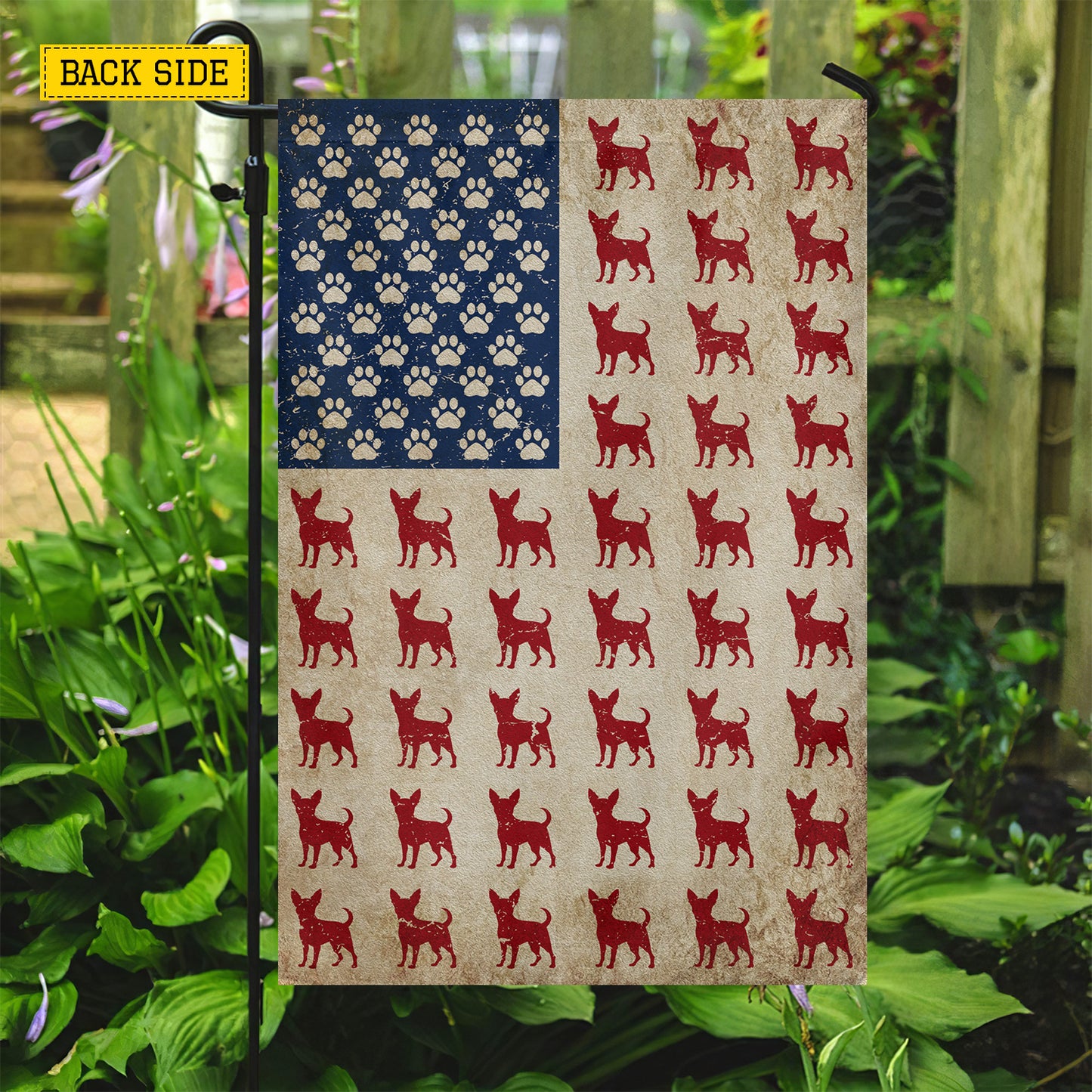July 4th Chihuahua Dog USA Garden Flag & House Flag, Tiny Paws Big American Spirit Outdoor Decor, Independence Day Yard Flag Gift For Chihuahua Lover