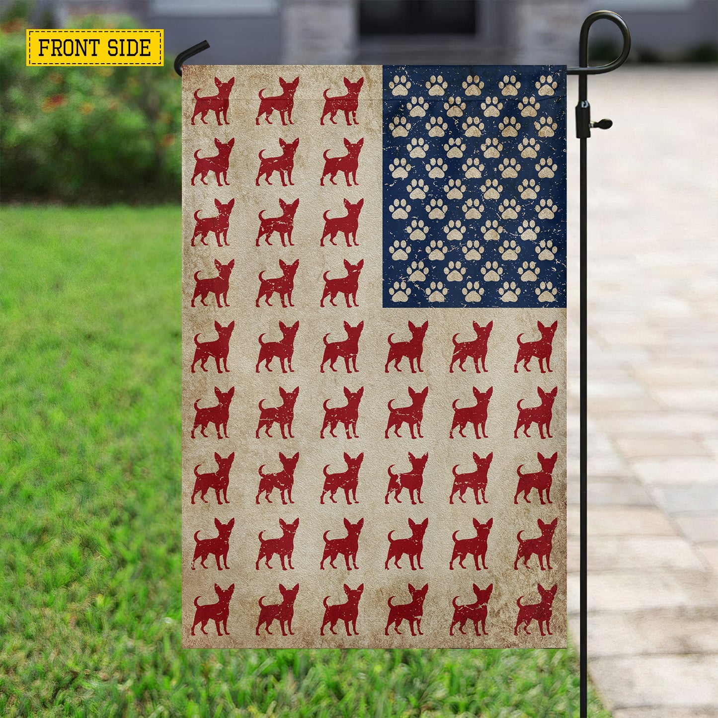 July 4th Chihuahua Dog USA Garden Flag & House Flag, Tiny Paws Big American Spirit Outdoor Decor, Independence Day Yard Flag Gift For Chihuahua Lover