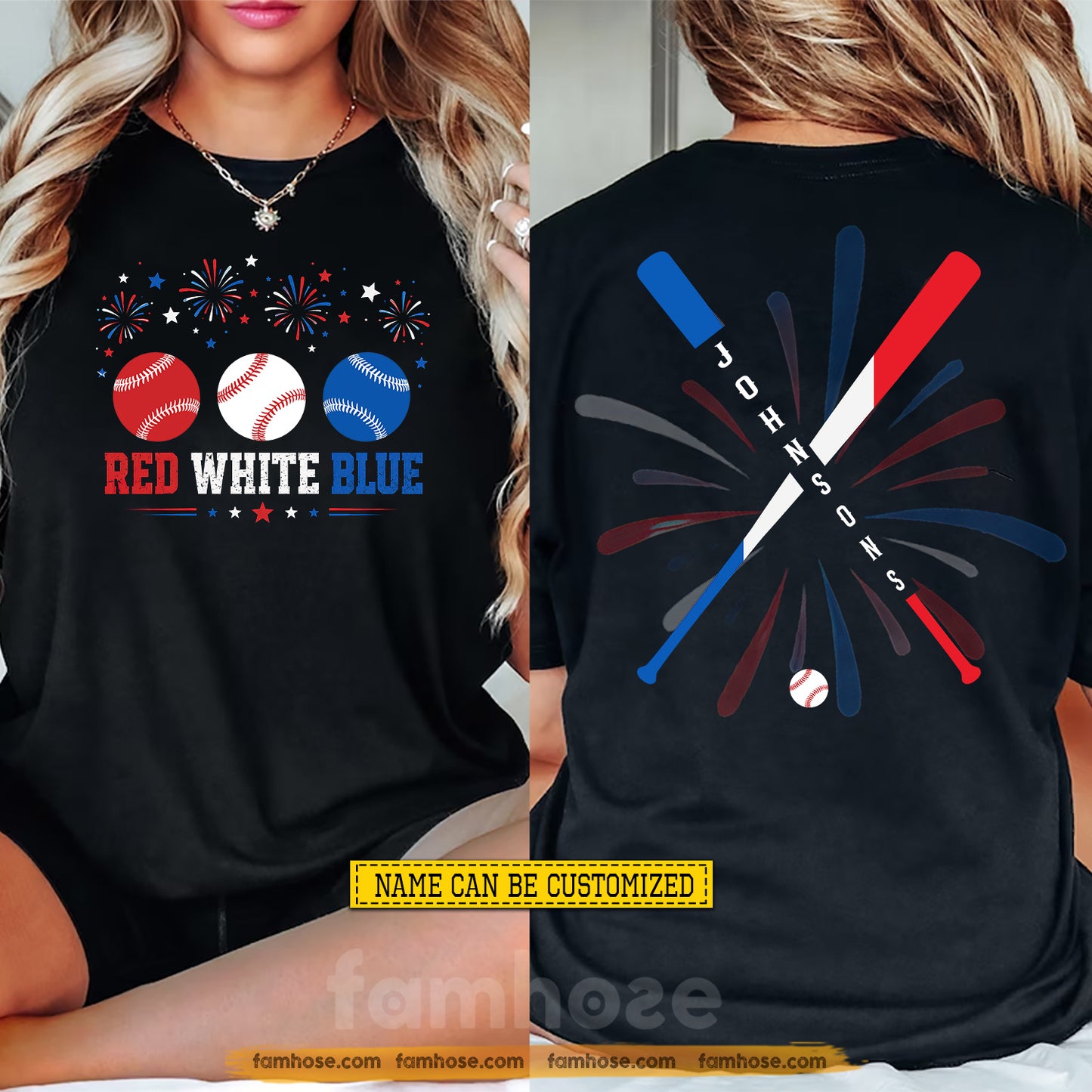 Personalized July 4th Baseball Two-sided T-shirt, Stars Stripes And Home Runs Sport Tees Independence Day Gift For Baseball Lover