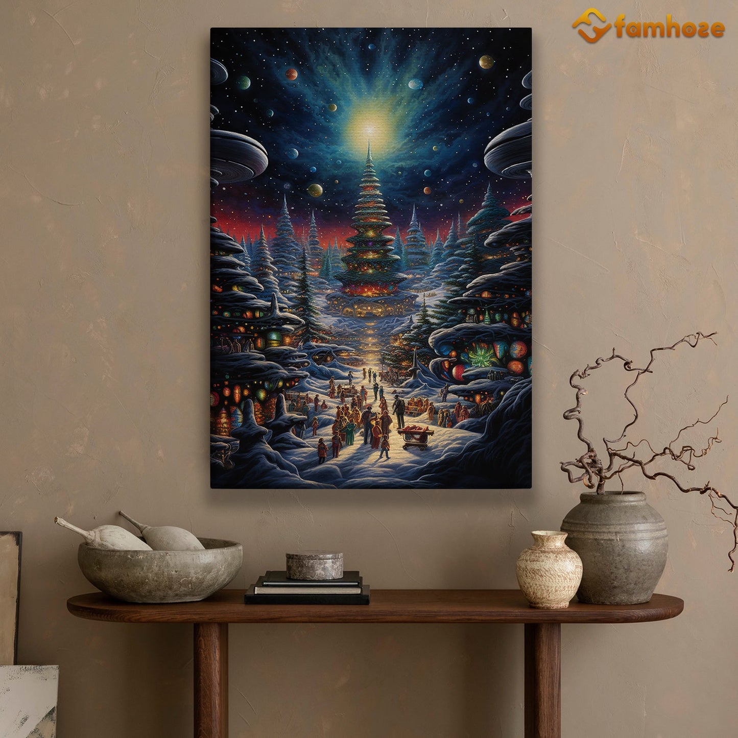 A Cosmic Fusion of Festivities and Extraterrestrial Wonder Christmas Canvas Painting, Xmas Wall Art Decor - Christmas Poster Gift