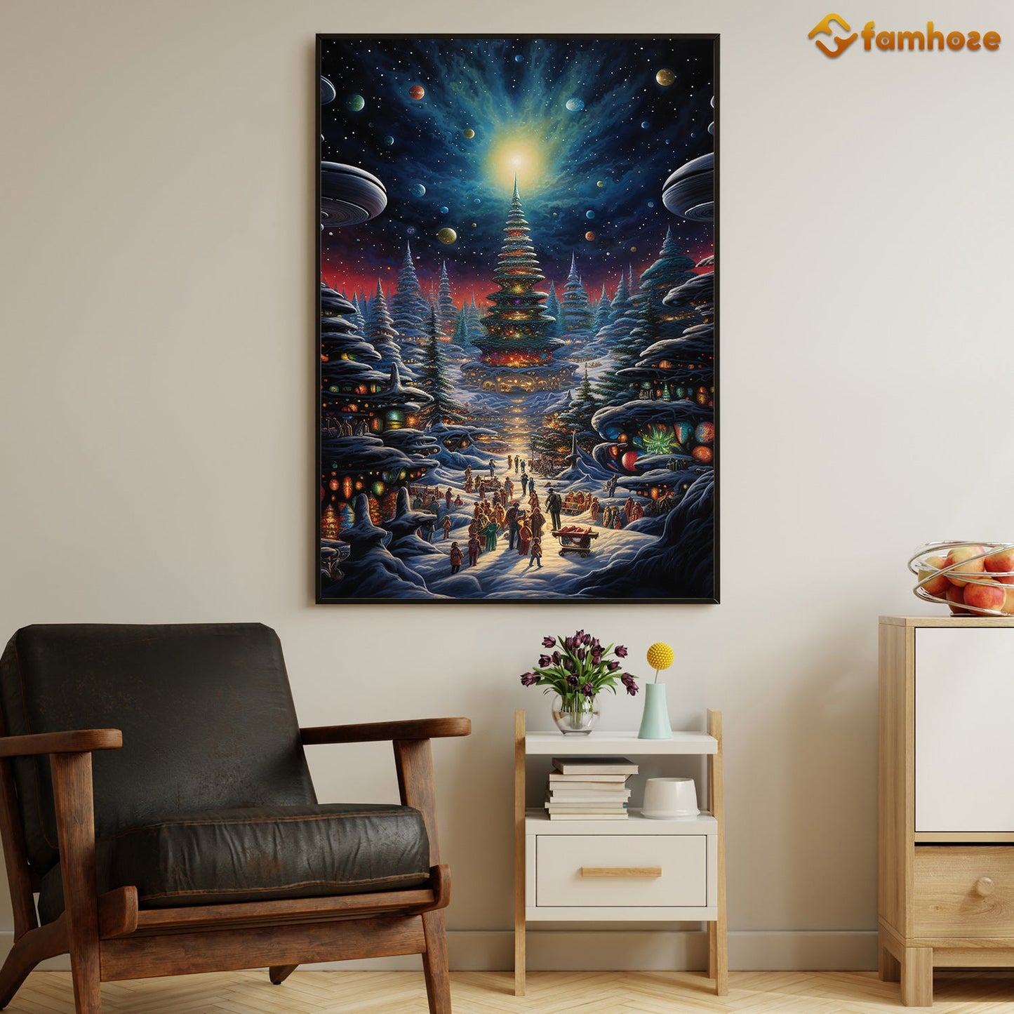A Cosmic Fusion of Festivities and Extraterrestrial Wonder Christmas Canvas Painting, Xmas Wall Art Decor - Christmas Poster Gift