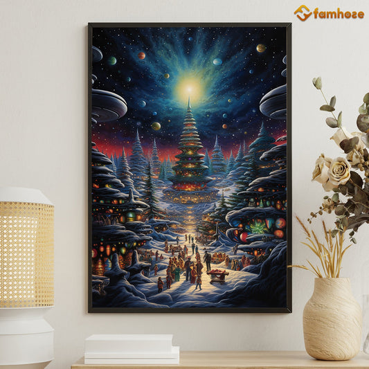 A Cosmic Fusion of Festivities and Extraterrestrial Wonder Christmas Canvas Painting, Xmas Wall Art Decor - Christmas Poster Gift
