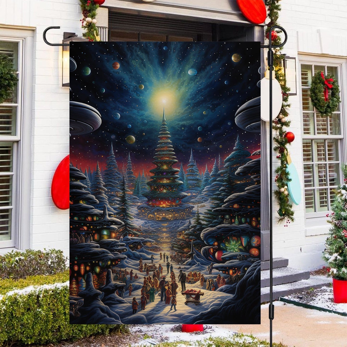 Celestial Celebration Beneath The Stars, Xmas Tree Garden Flag - House Flag, Christmas Flag Gift