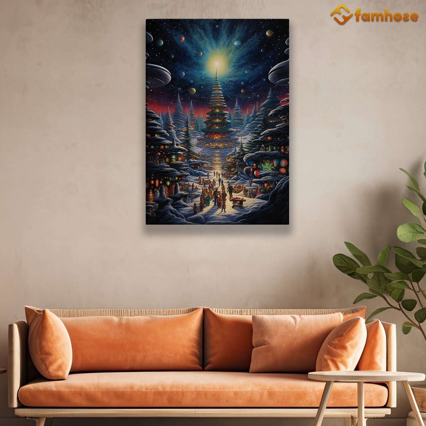 A Cosmic Fusion of Festivities and Extraterrestrial Wonder Christmas Canvas Painting, Xmas Wall Art Decor - Christmas Poster Gift