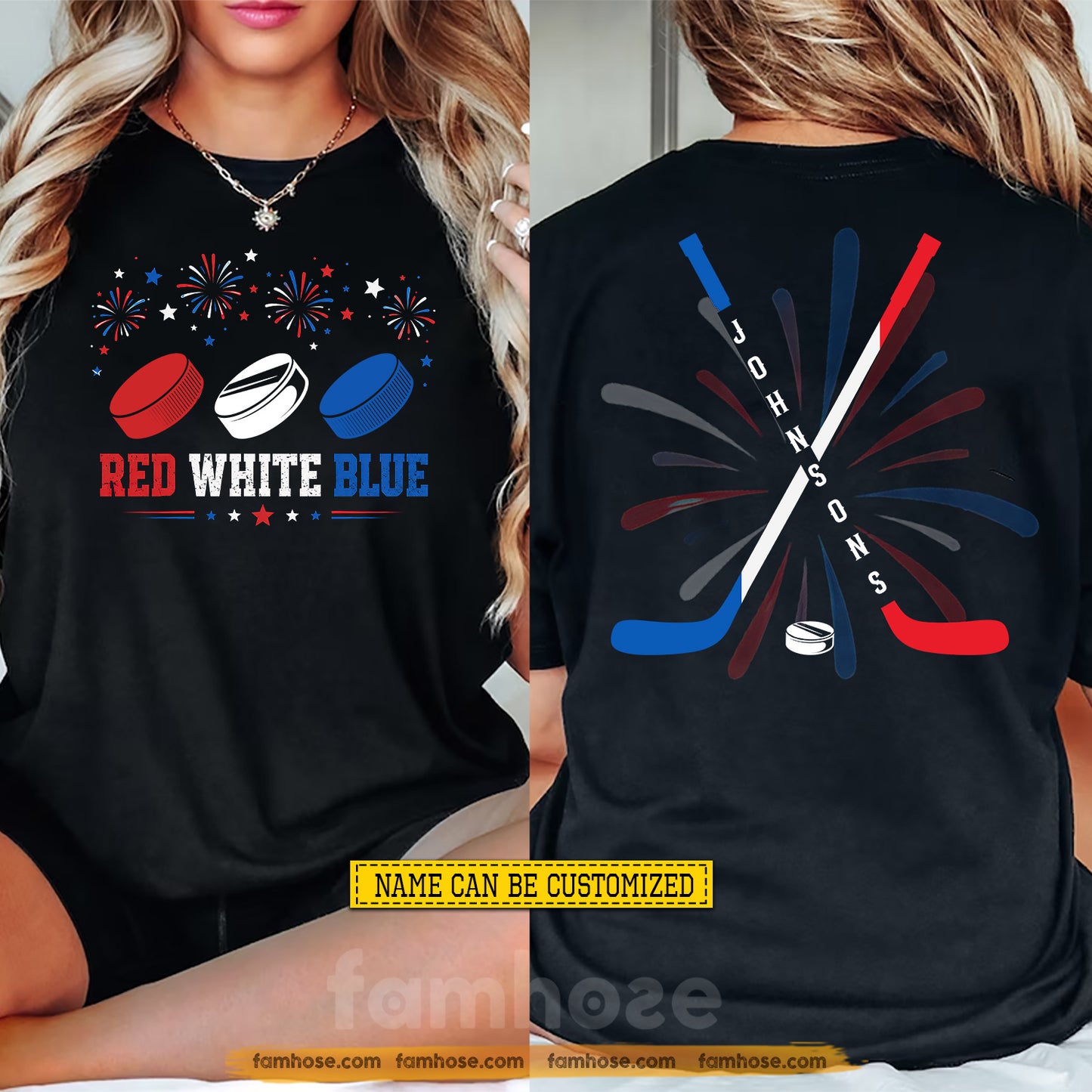 Personalized July 4th Hockey Two-sided T-shirt, Stars Stripes And Slap Shots Sport Tees Independence Day Gift For Hockey Lover