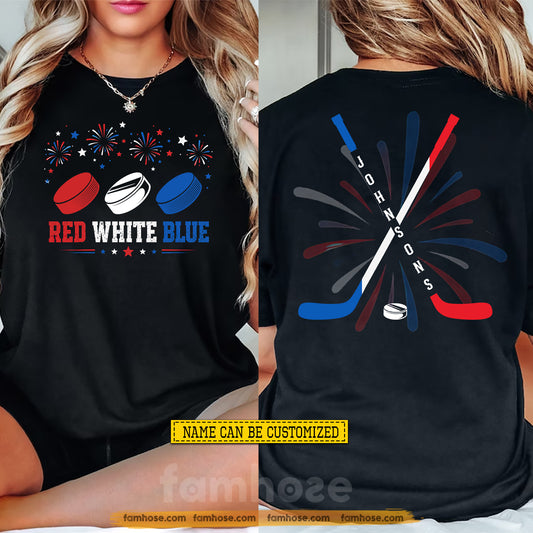 Personalized July 4th Hockey Two-sided T-shirt, Stars Stripes And Slap Shots Sport Tees Independence Day Gift For Hockey Lover