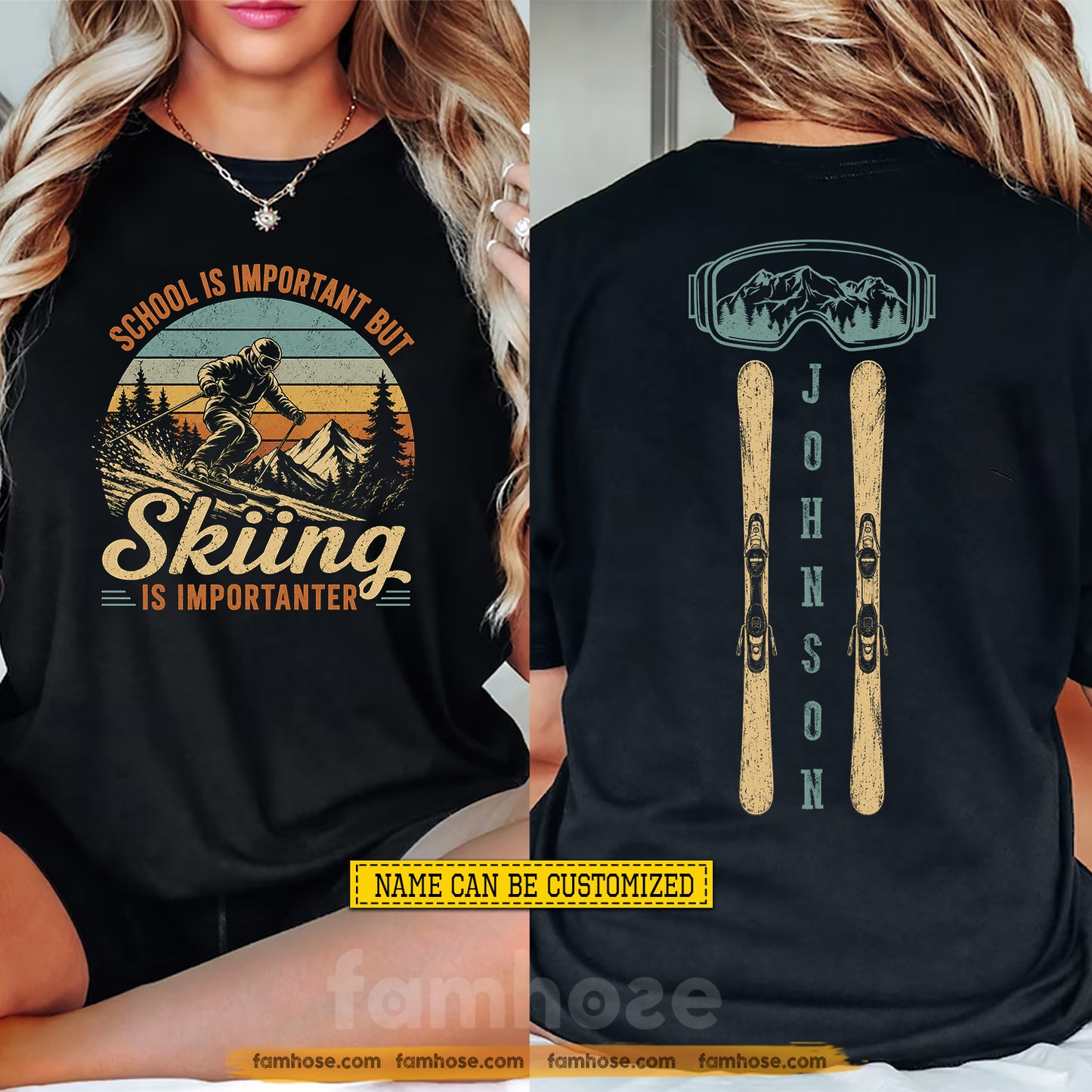 Funny Personalized Skiing First Day Of School Two-sided T-shirt, School Is Important Back To School Sport Tees, Student Gift For Skiing Lover