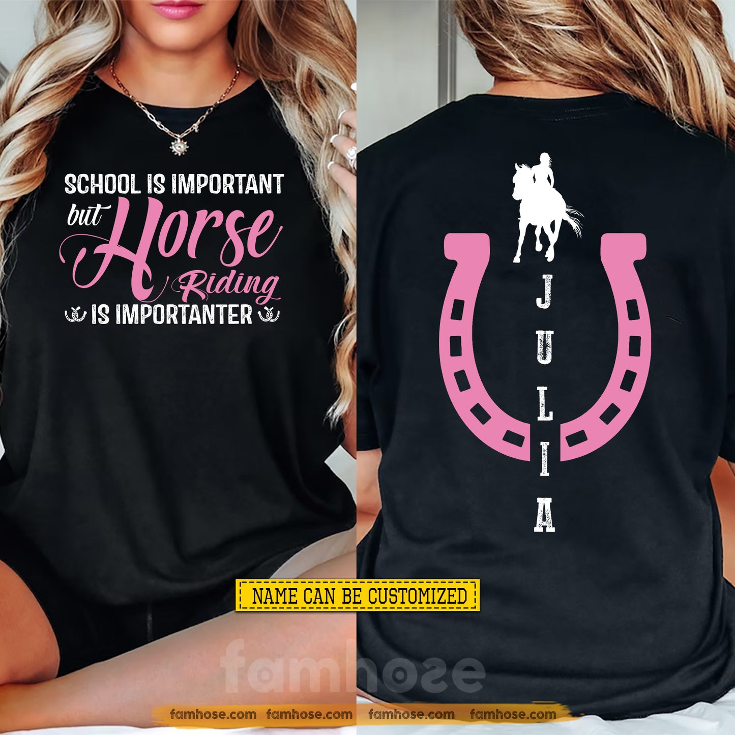 Funny Personalized Horse Riding Girl Two-sided T-shirt, School Is Important Tees Back To School Gift For Horse Girl