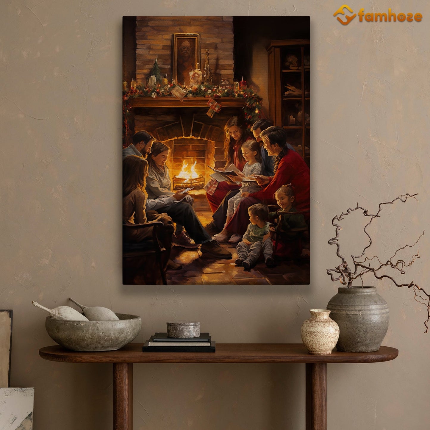 An Evening by the Hearth with Loved Ones Christmas Canvas Painting, Xmas Wall Art Decor - Christmas Poster Gift