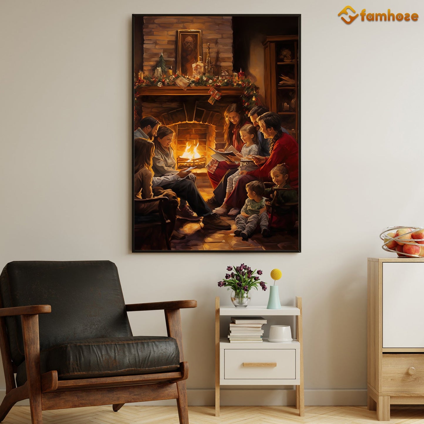 An Evening by the Hearth with Loved Ones Christmas Canvas Painting, Xmas Wall Art Decor - Christmas Poster Gift