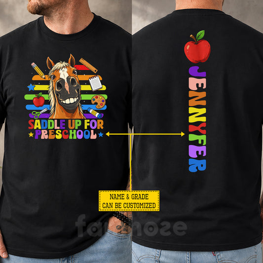 Personalized Horse Back To School Kid Two-sided T-shirt, Saddle Up For Preschool Tees Elementary School Student Gift For Horse Lover