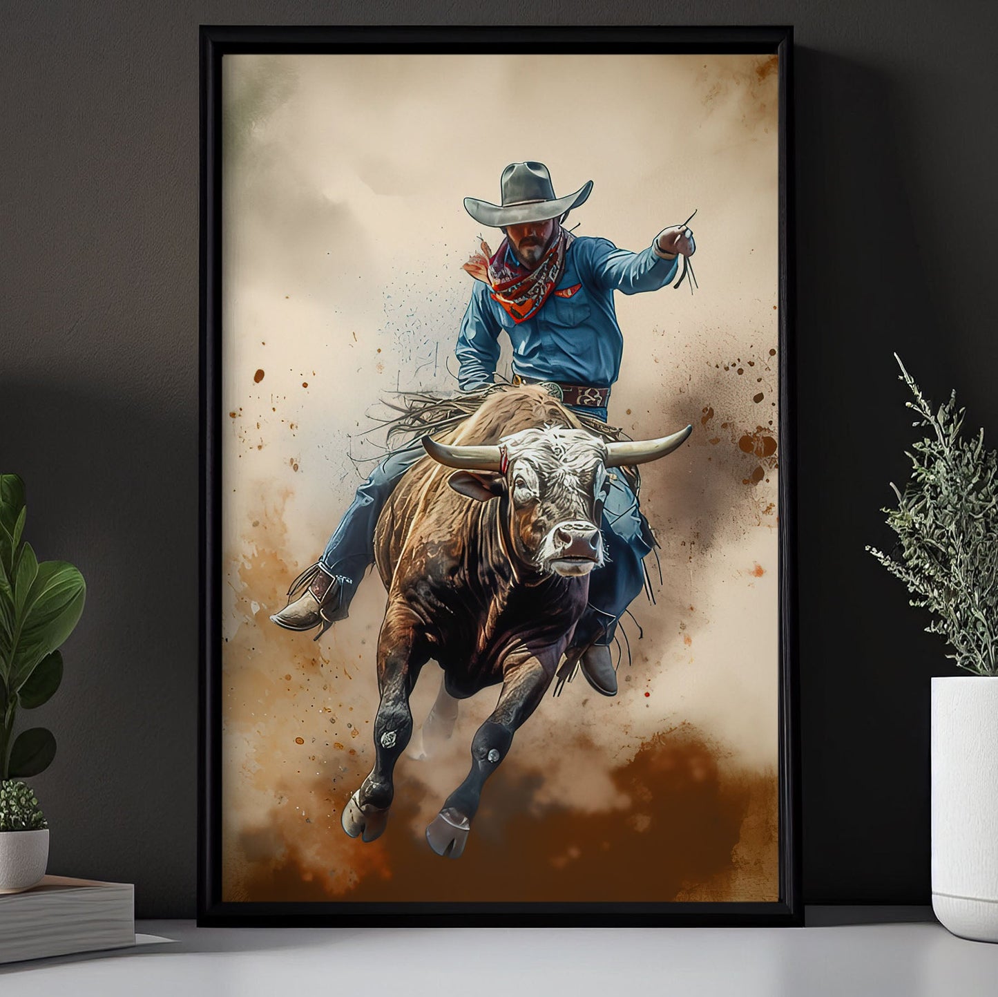 Dynamic Dust, Bull Riding Canvas Painting, Wall Art Decor - Bull Riding Poster Gift, Gift For Cowboy Lovers