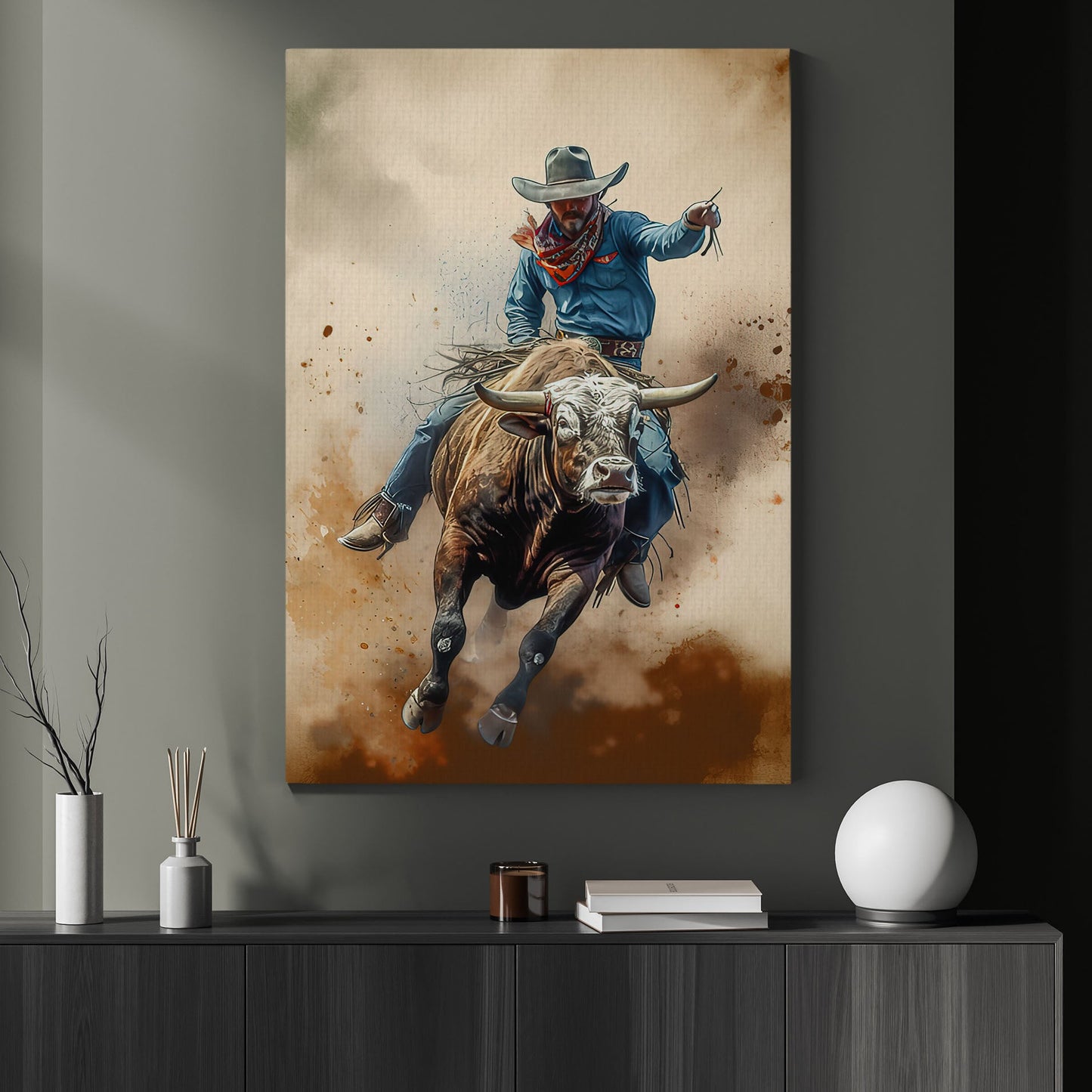 Dynamic Dust, Bull Riding Canvas Painting, Wall Art Decor - Bull Riding Poster Gift, Gift For Cowboy Lovers