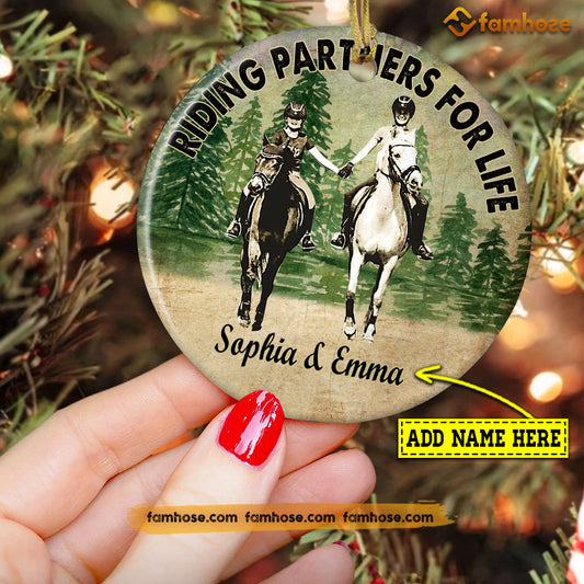 Christmas Horse Ornament, Riding Partners For Life Gift For Horse Lovers, Personalized Custom Circle Ceramic Ornament