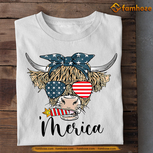 July 4th Cow T-shirt, Merica With Hair Band Cow Patriotic Tees, Independence Day Gift For Cow Lovers, Farmers