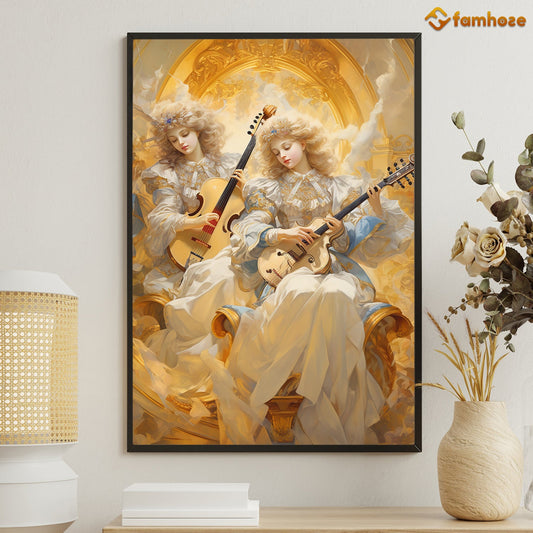 Harmony in the Heavens Celestial Serenade by Angelic Musicians Christmas Canvas Painting, Xmas Wall Art Decor - Christmas Poster Gift