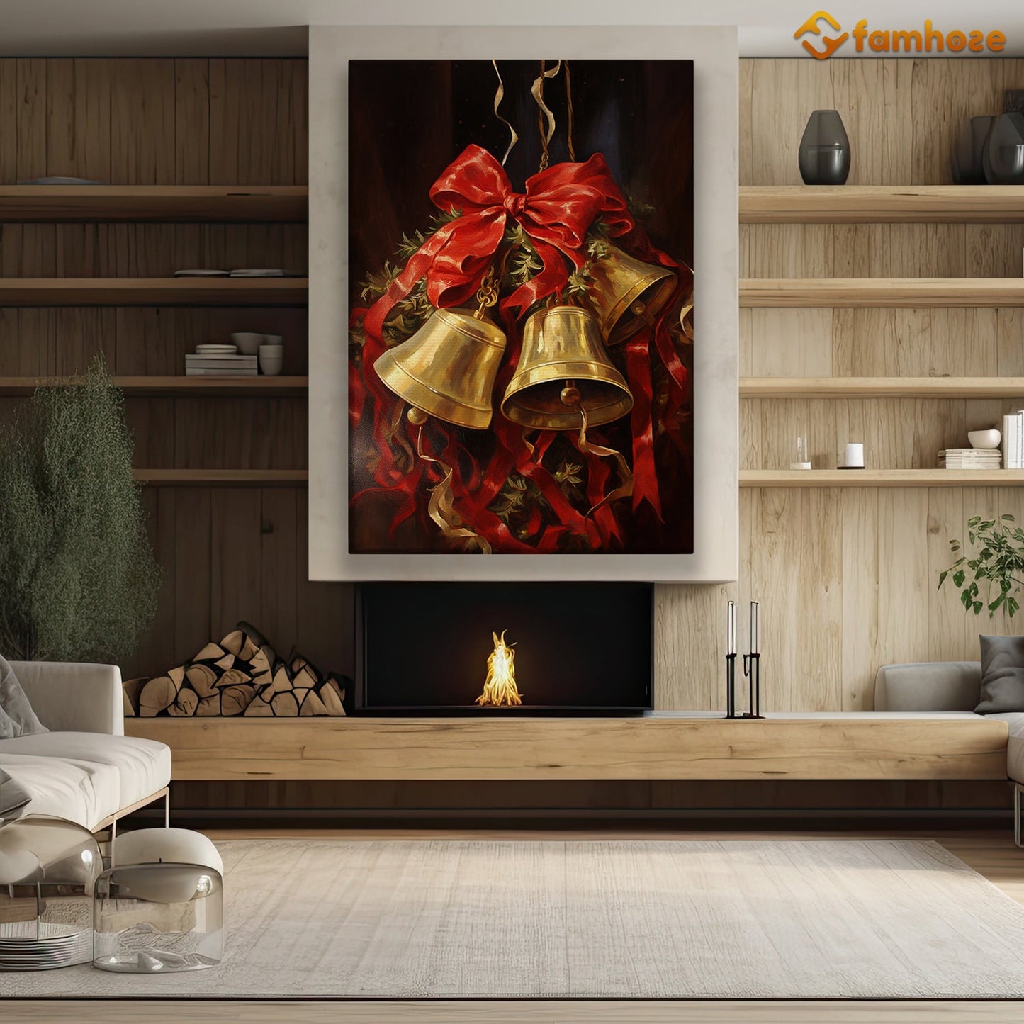 Golden Tidings A Symphony of Bells and Ribbons Christmas Canvas Painting, Xmas Wall Art Decor - Christmas Poster Gift