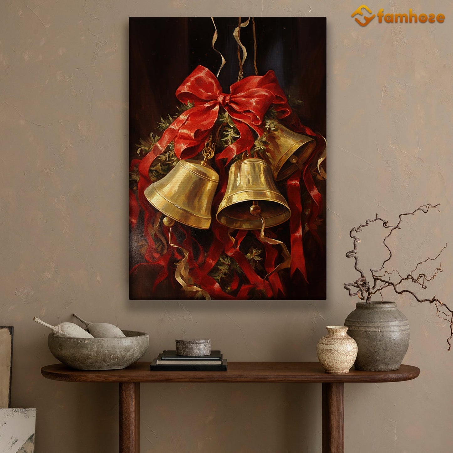 Golden Tidings A Symphony of Bells and Ribbons Christmas Canvas Painting, Xmas Wall Art Decor - Christmas Poster Gift