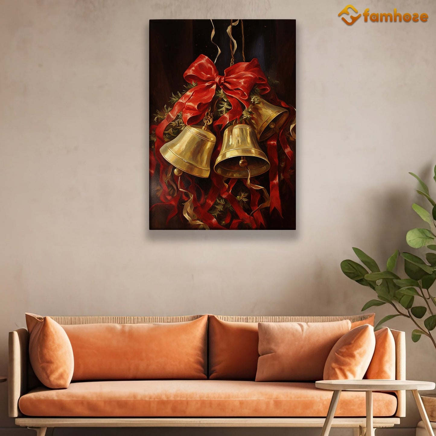 Golden Tidings A Symphony of Bells and Ribbons Christmas Canvas Painting, Xmas Wall Art Decor - Christmas Poster Gift