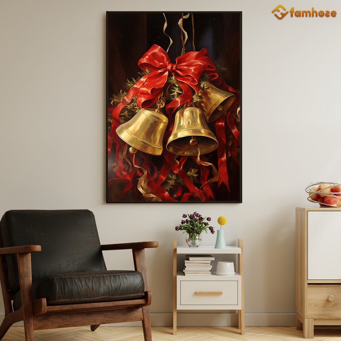 Golden Tidings A Symphony of Bells and Ribbons Christmas Canvas Painting, Xmas Wall Art Decor - Christmas Poster Gift