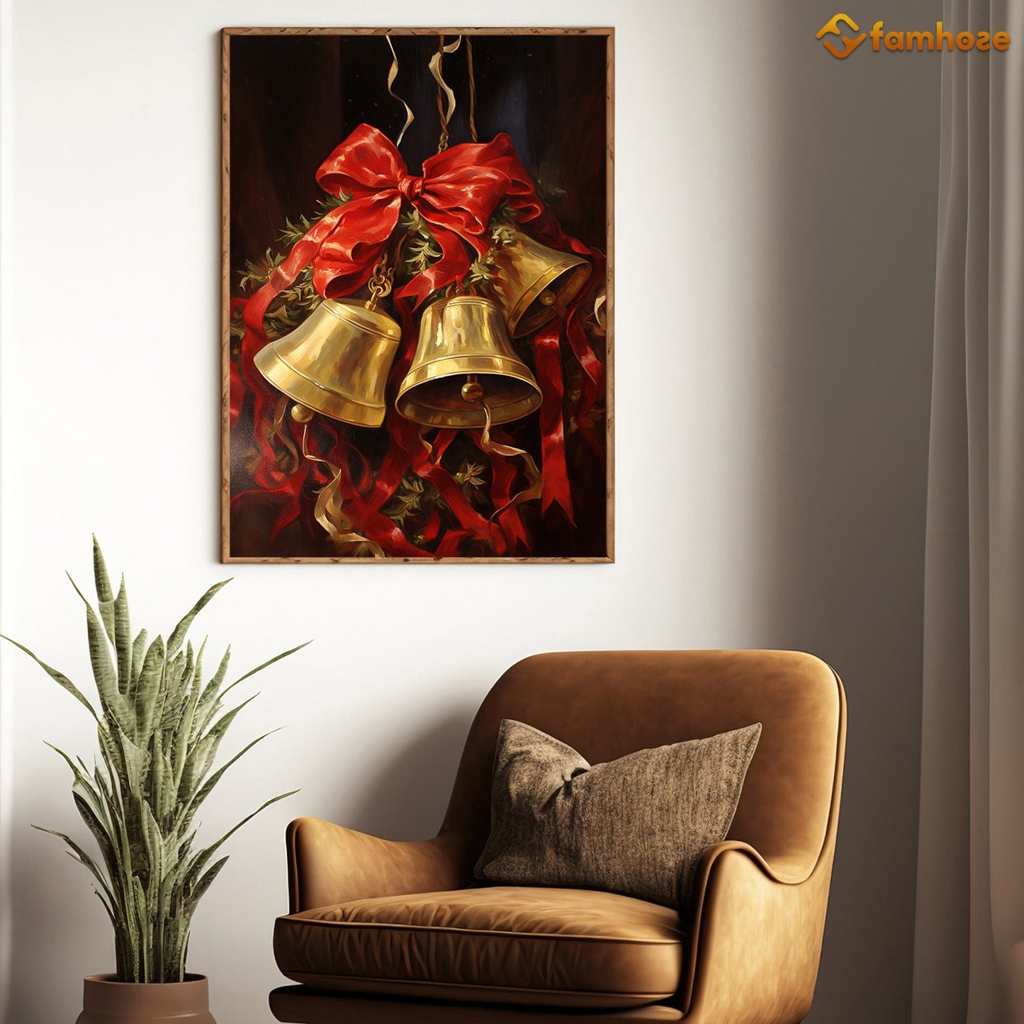 Golden Tidings A Symphony of Bells and Ribbons Christmas Canvas Painting, Xmas Wall Art Decor - Christmas Poster Gift