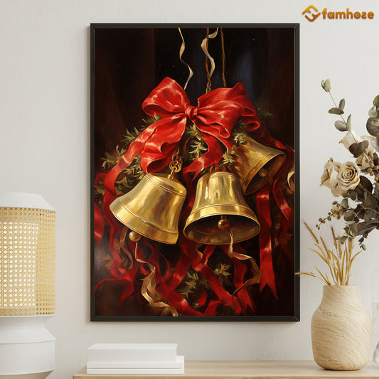 Golden Tidings A Symphony of Bells and Ribbons Christmas Canvas Painting, Xmas Wall Art Decor - Christmas Poster Gift