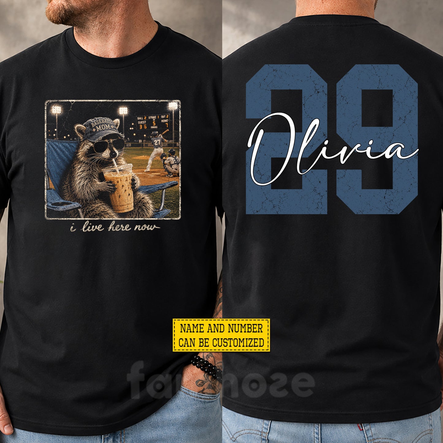 Funny Personalized Baseball Mom & Raccoon Two-sided T-shirt, I Live Here Now Sport Tees Gift For Baseball Lover
