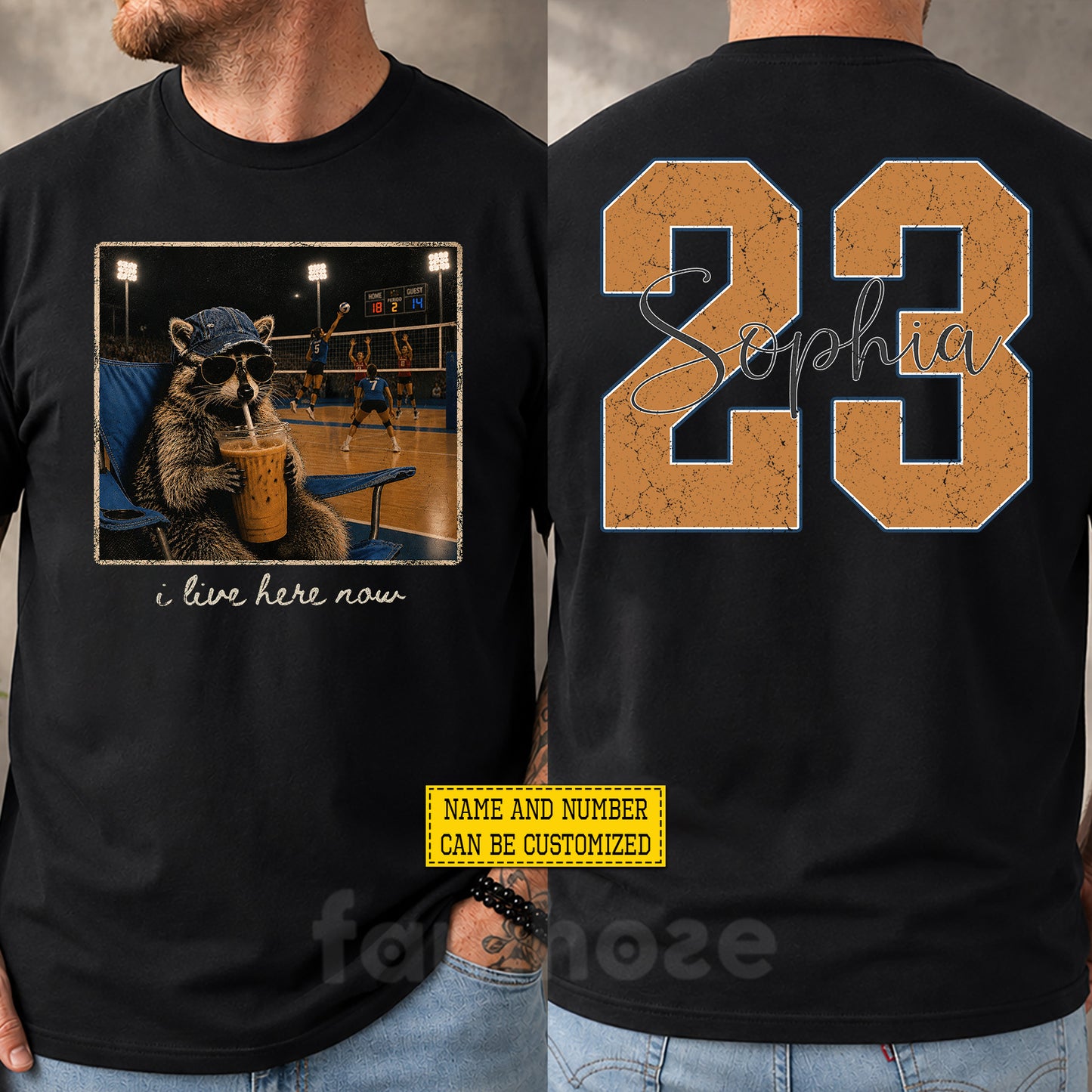 Funny Personalized Volleyball & Raccoon Two-sided T-shirt, I Live Here Now Sport Tees Gift For Volleyball Lover