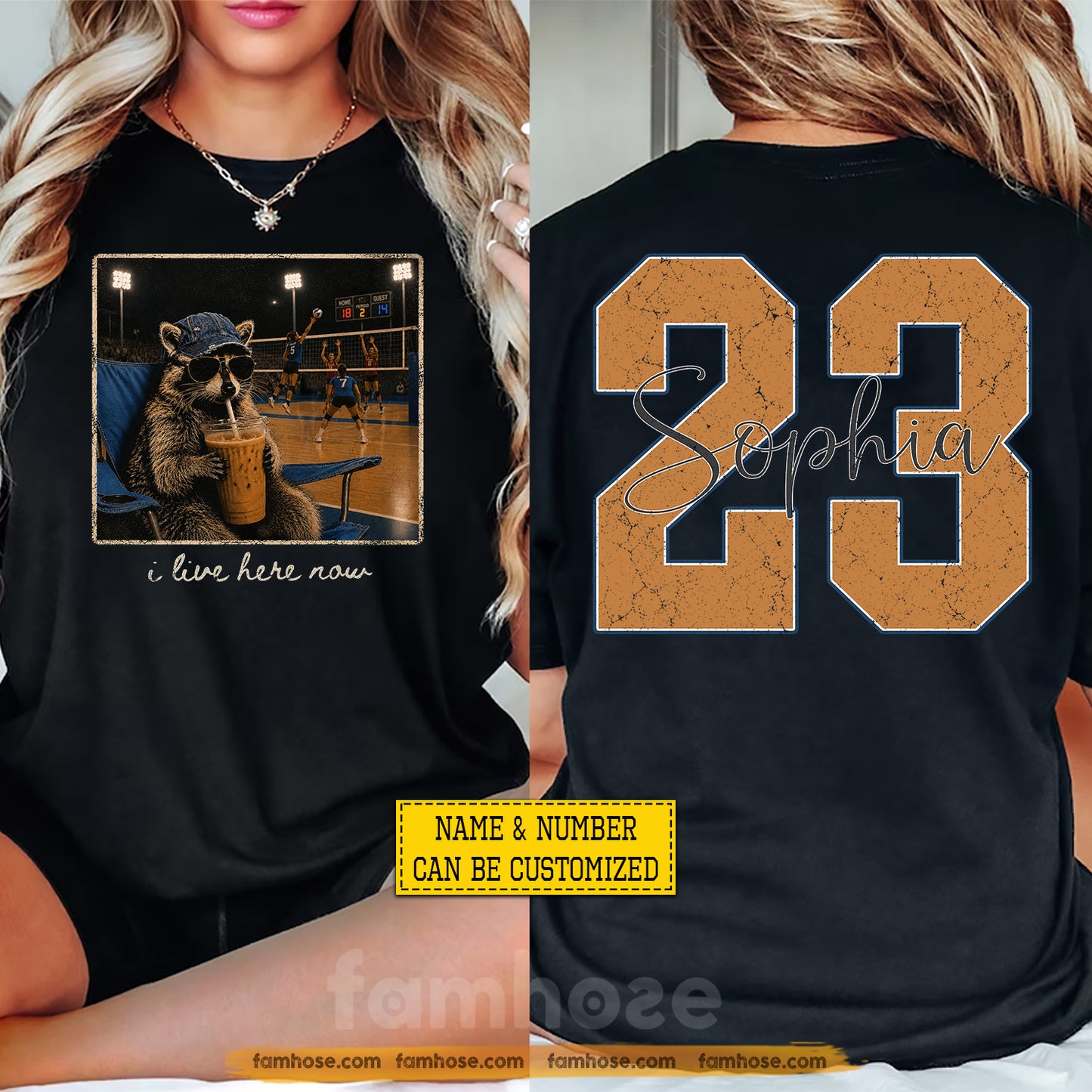 Funny Personalized Volleyball & Raccoon Two-sided T-shirt, I Live Here Now Sport Tees Gift For Volleyball Lover