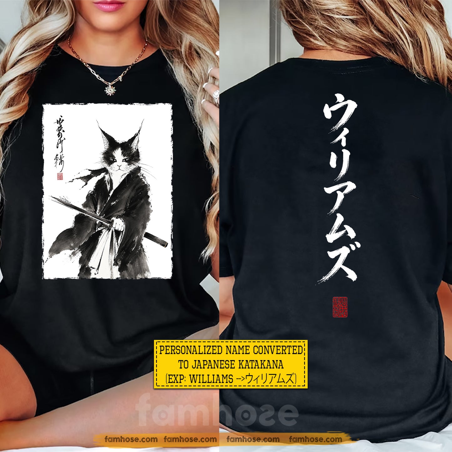 Personalized Cat In Japan Style Two-sided T-shirt, Walk The Way Of The Samurai Cat Tees Gift For Cat Lover