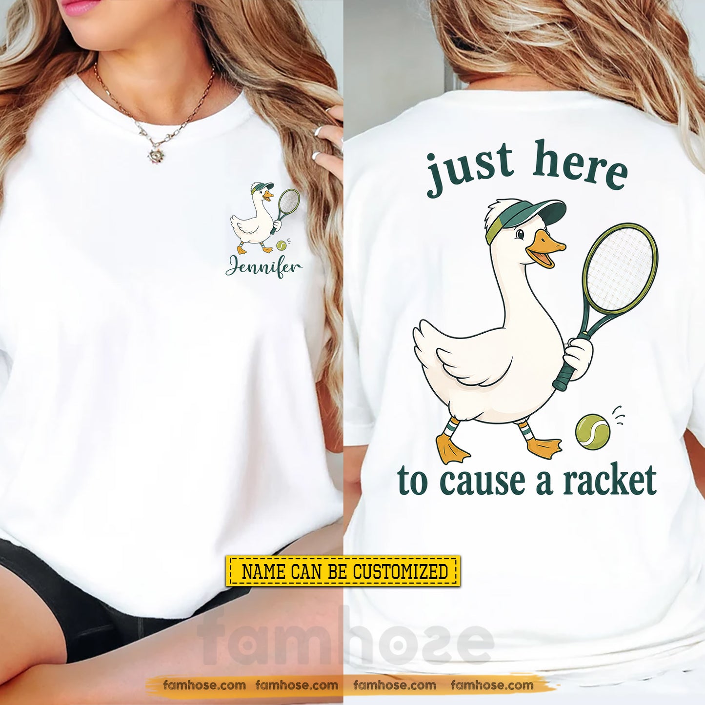 Personalized Tennis & Duck Two-sided T-shirt, Just Here To Cause A Racket Sport Tees Gift For Tennis Lover