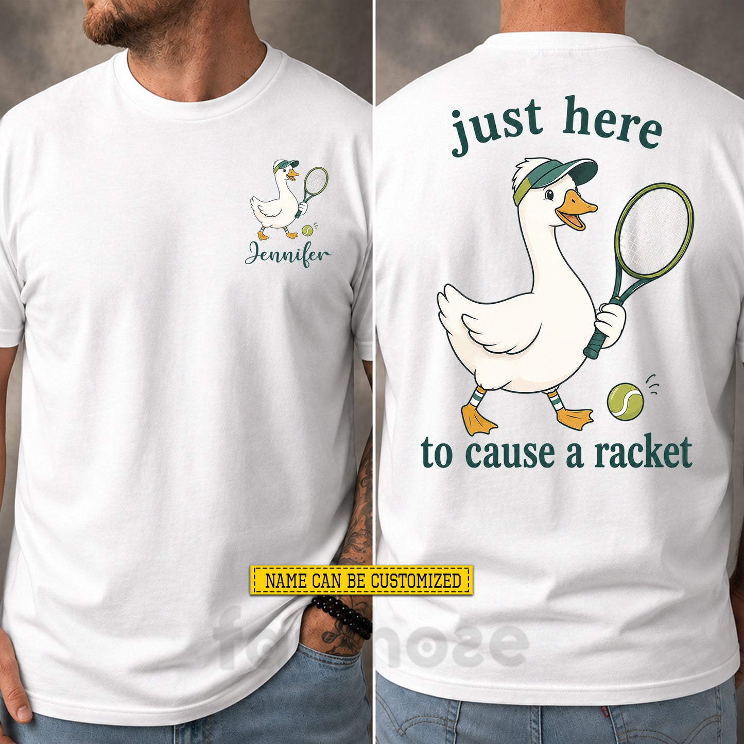 Personalized Tennis & Duck Two-sided T-shirt, Just Here To Cause A Racket Sport Tees Gift For Tennis Lover