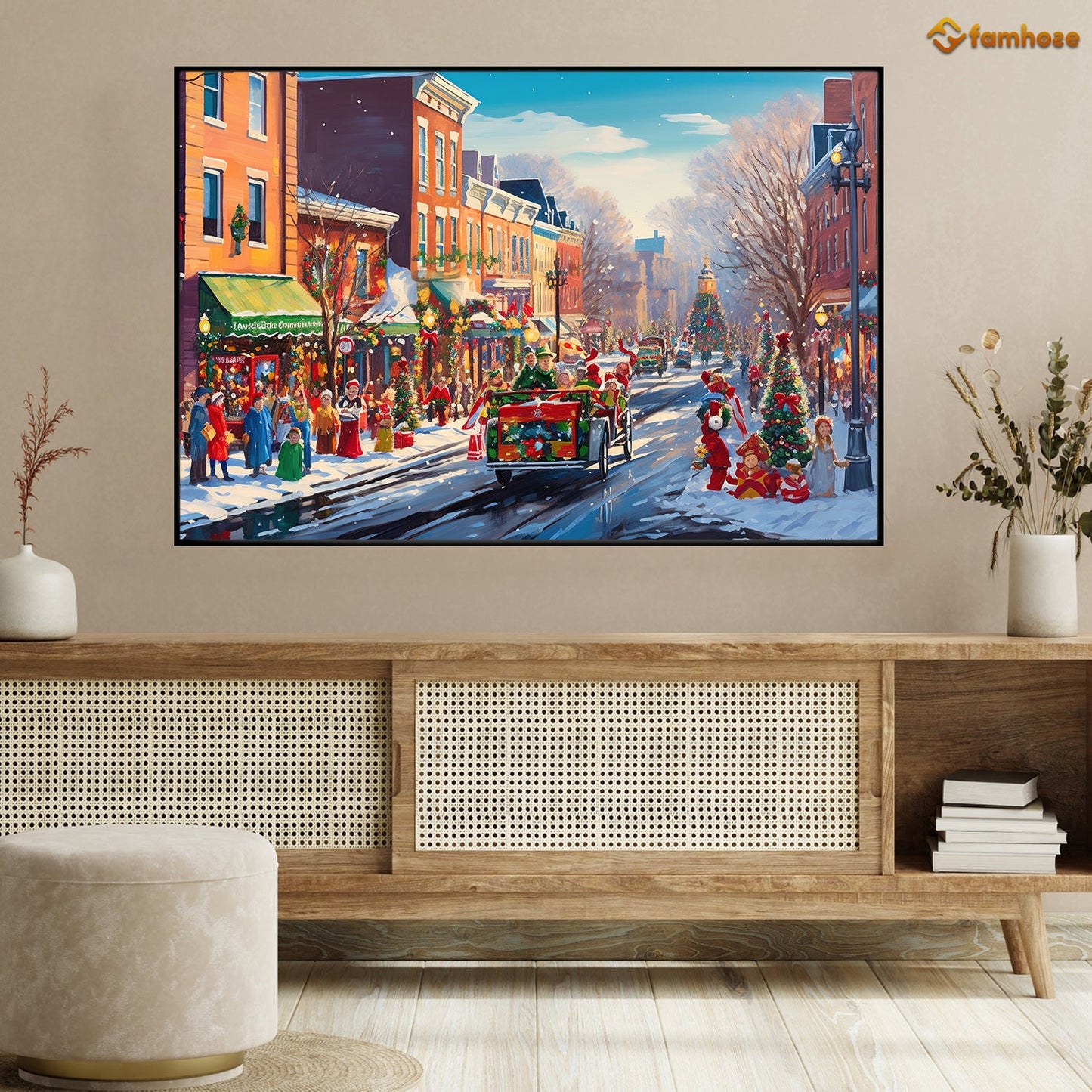 Holiday Bustle A Snowy Evening in the City Christmas Canvas Painting, Xmas Wall Art Decor - Christmas Poster Gift