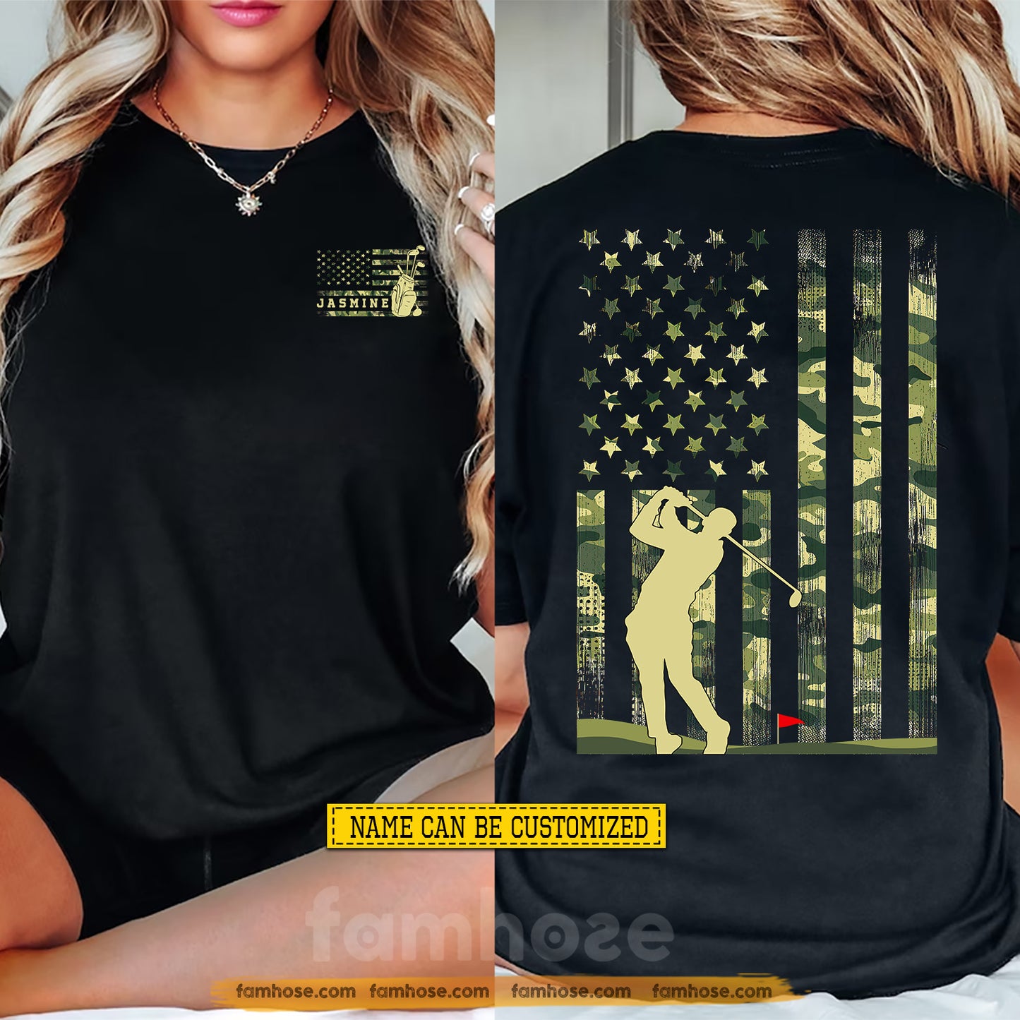 Personalized Golf USA Two-sided T-shirt, Stars Stripes & Swing Sport Tees Gift For Golf Lover
