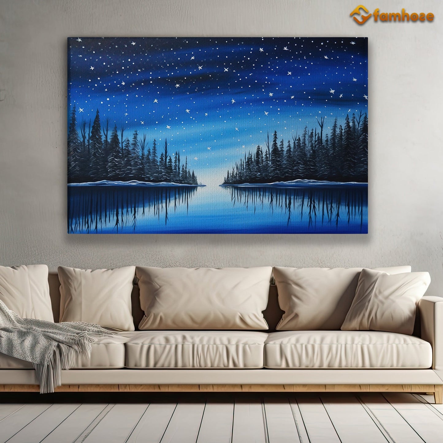 Starry Night Over Tranquil Pines Nature's Serenity Christmas Canvas Painting, Xmas Wall Art Decor - Christmas Poster Gift