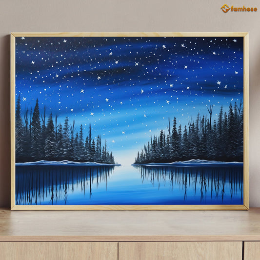 Starry Night Over Tranquil Pines Nature's Serenity Christmas Canvas Painting, Xmas Wall Art Decor - Christmas Poster Gift