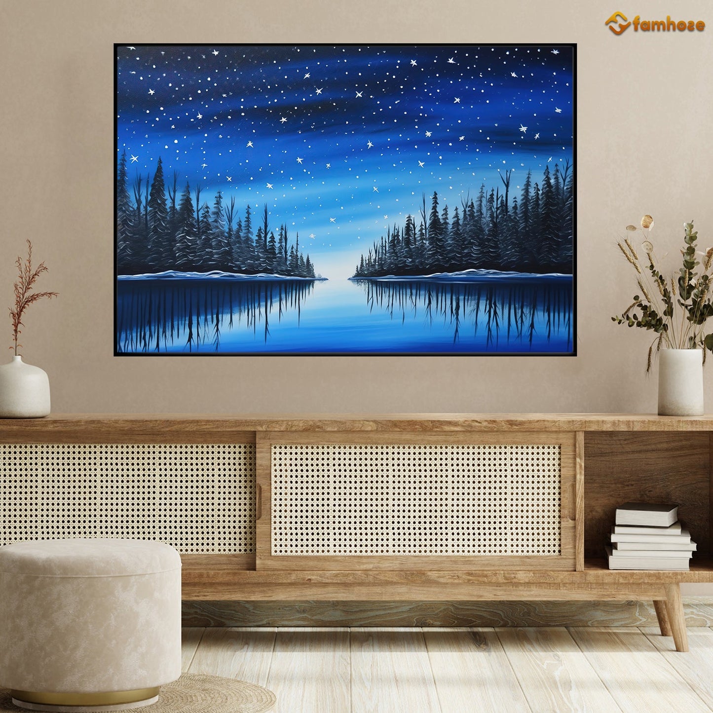 Starry Night Over Tranquil Pines Nature's Serenity Christmas Canvas Painting, Xmas Wall Art Decor - Christmas Poster Gift